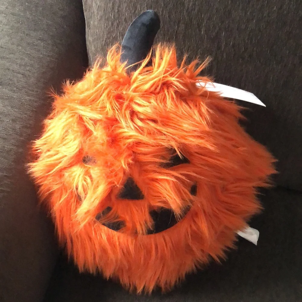 Cupcakes and Cashmere ORANGE Pumpkin Fuzzy Faux Fur Throw Pillow